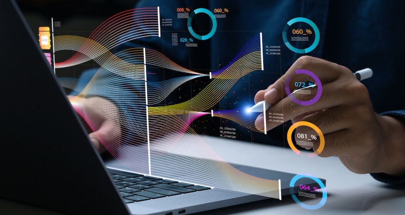 Businessman analyzing and visualizing complex information on a virtual screen using AI to process data.