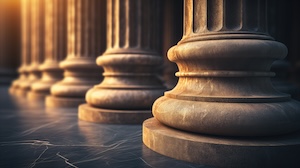 Columns of a neoclassical building symbolizing justice.
