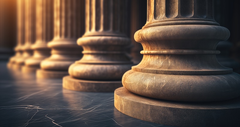 Columns of a neoclassical building symbolizing justice.