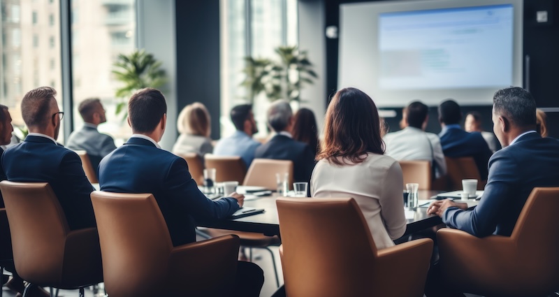 Corporate meeting of IT industry employees who talk about new projects and the direction of company development, view from the back of the head.