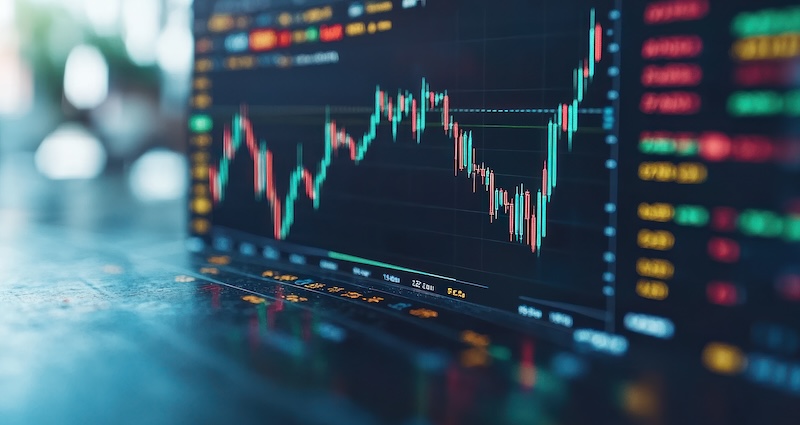 A close-up of a digital stock market chart on a computer screen, showing fluctuating candlestick patterns and various colored data points, representing market trends and financial activity.