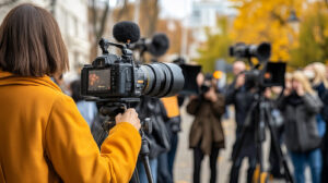 A woman in a yellow jacket holds a camera on a tripod to capture a breaking news event